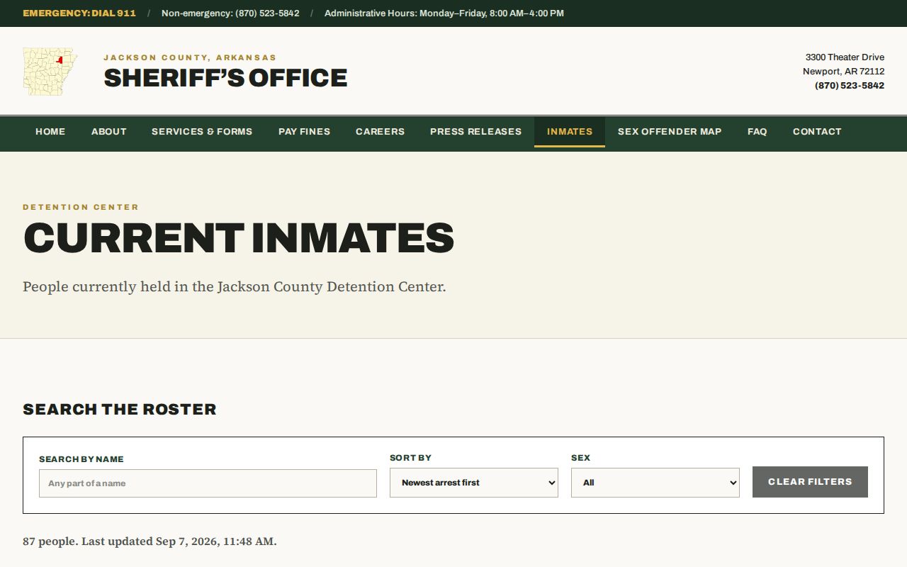 Jackson County Sheriff Current Inmates search, filters, sorting, and disclaimer