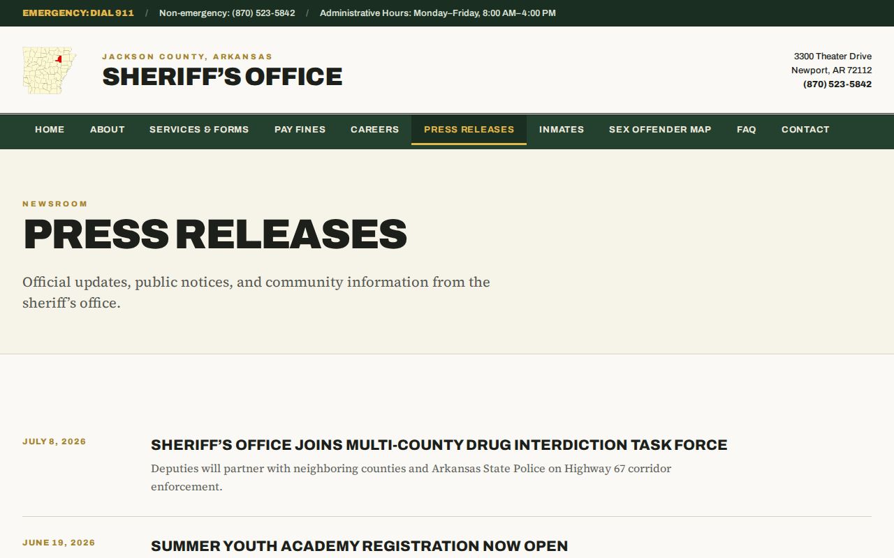 Jackson County Sheriff page with no active Most Wanted entries