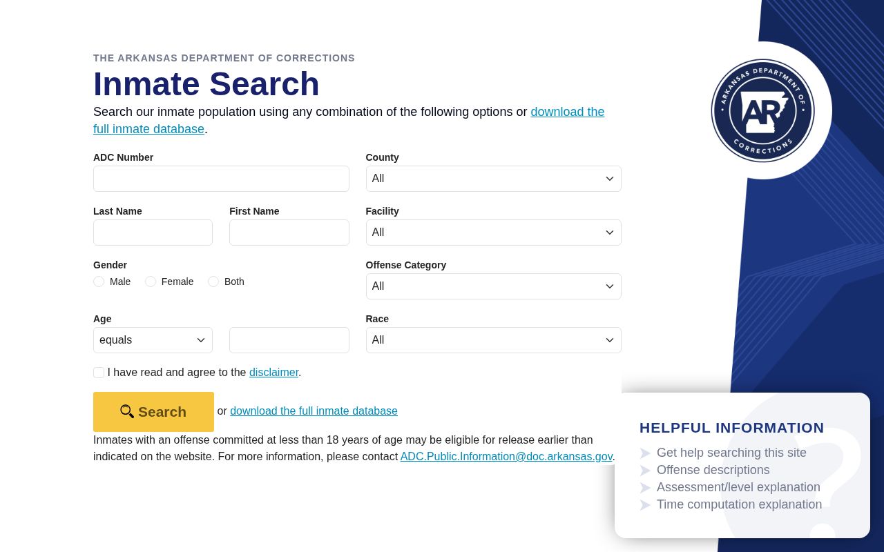 Arkansas Division of Correction search with county, name, facility fields, and disclaimer